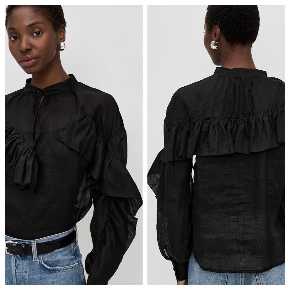 The Lulo Project Chaos Petal Linen Ruffle Black Top L NWT